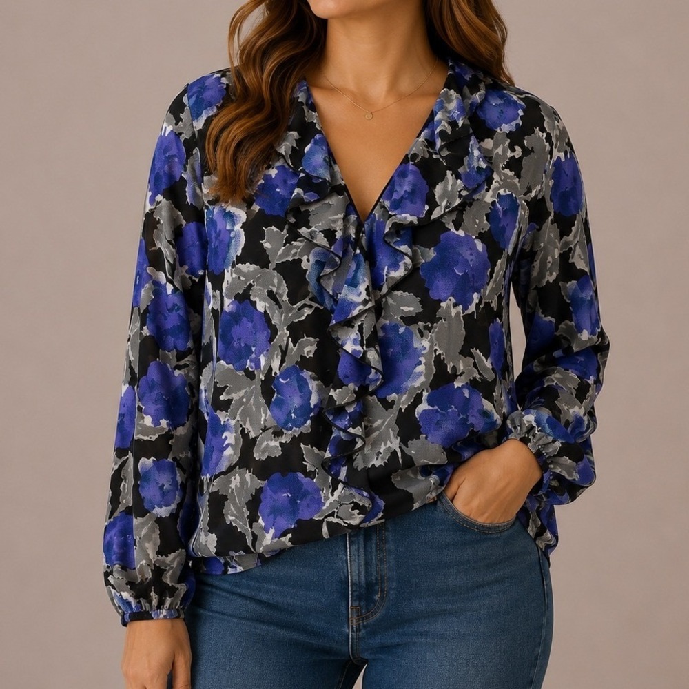 Chadwicks Petite 10P Sheer Ruffle Floral Blouse Blue Black Career Office Top